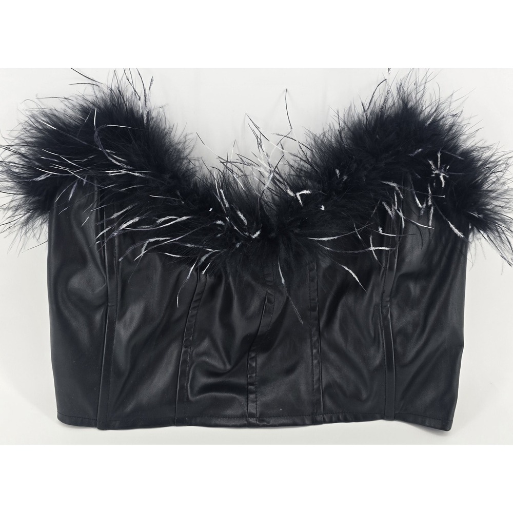Blanc Clothing Feather Faux Leather Crop Top Women's S Bustier Black Corset Edgy